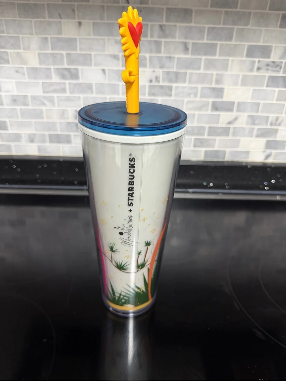 Starbucks x Manuela Guillen Tall Printed Tumbler with Blue Lid and Yellow Straw